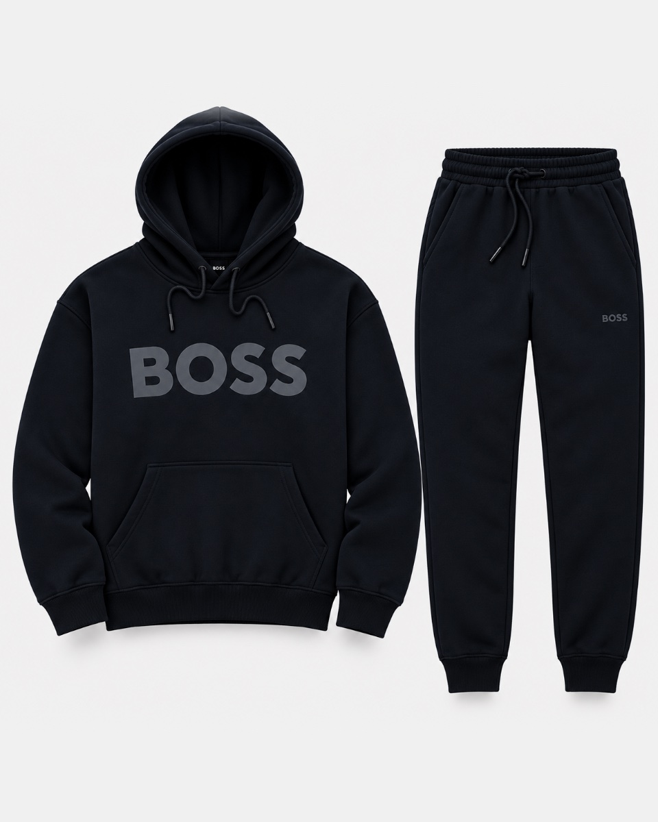 Conjunto BOSS preto, moletom com capuz e calça
